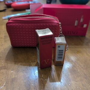 NEW VALENTINO Beauty Red Studded Makeup Pouch Cosmetic Pouch with 2 lipsticks